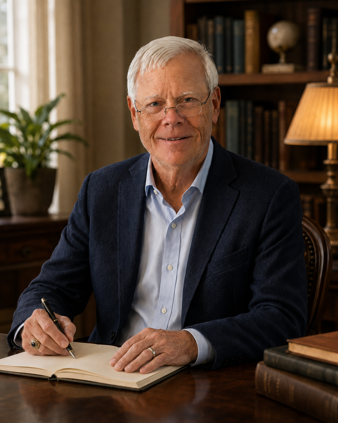 Thomas E. Palzer seated at his writing desk, wearing his silver band and gold ring